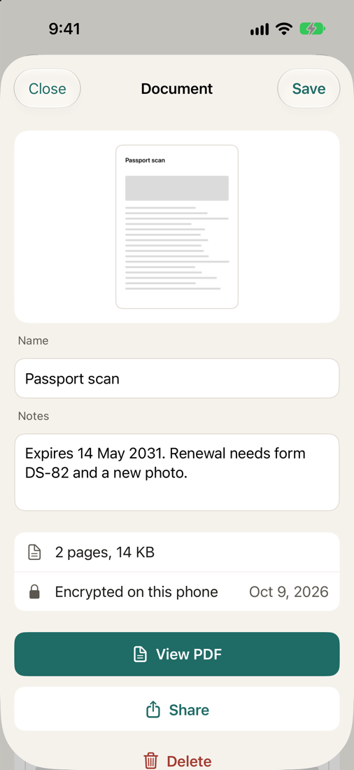 A document in Paperlock with its name, notes and a View PDF button