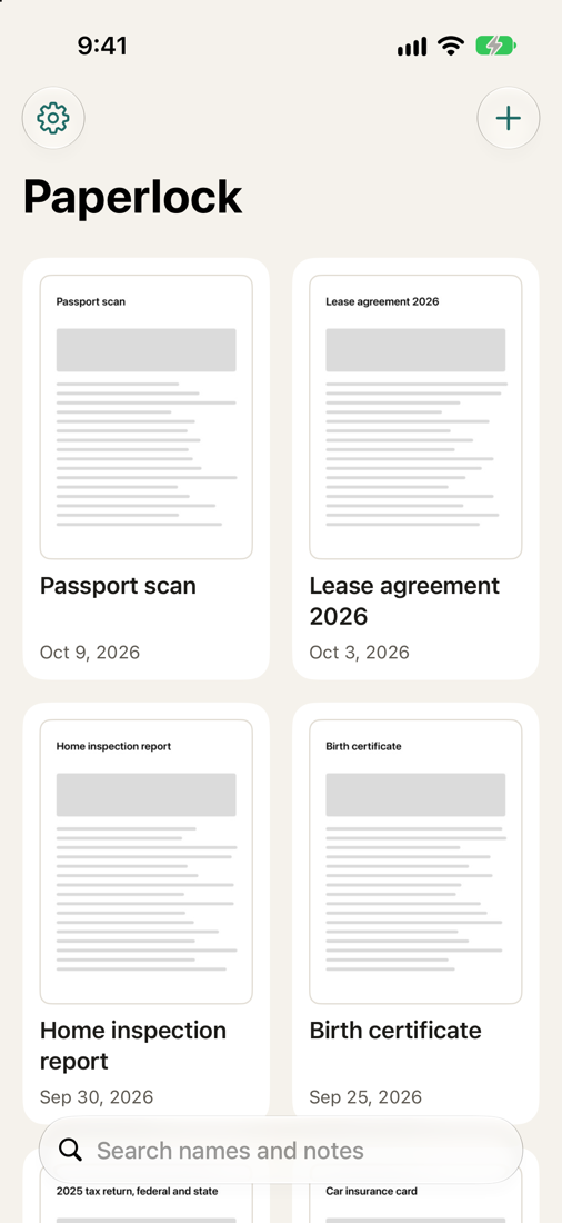 Paperlock's library: six documents in a grid with a search field