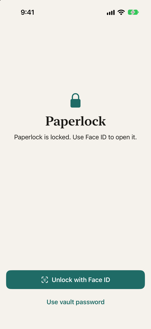 Paperlock's lock screen with an Unlock with Face ID button